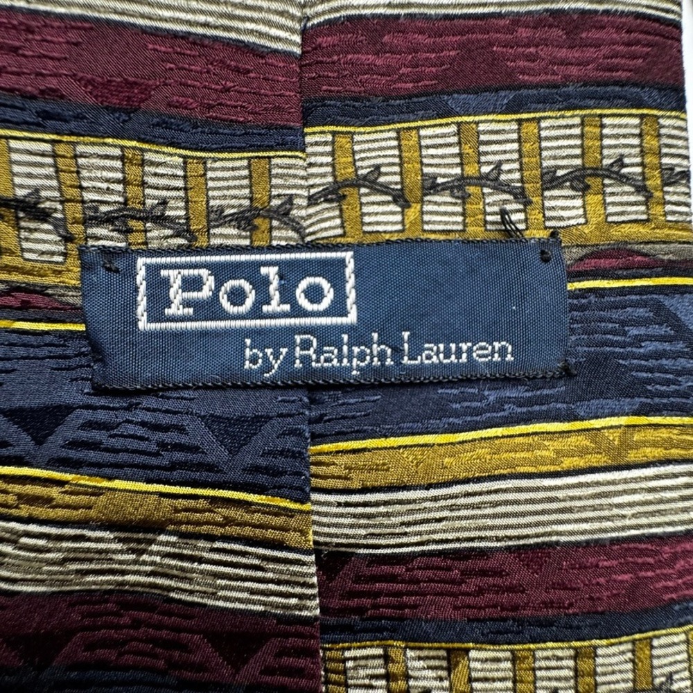 Polo Ralph Lauren Silk Tie Navy Burgundy Gold Geometric Striped Mens Necktie